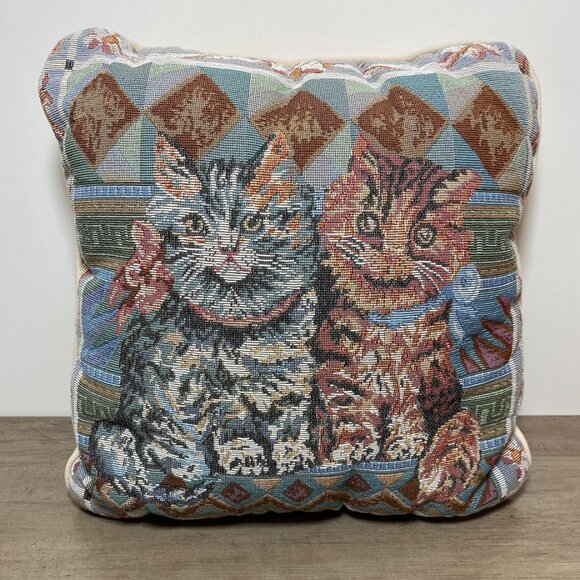 Kitty Cats Tapestry Throw Pillow 1990s Home Decor - Picture 1 of 6